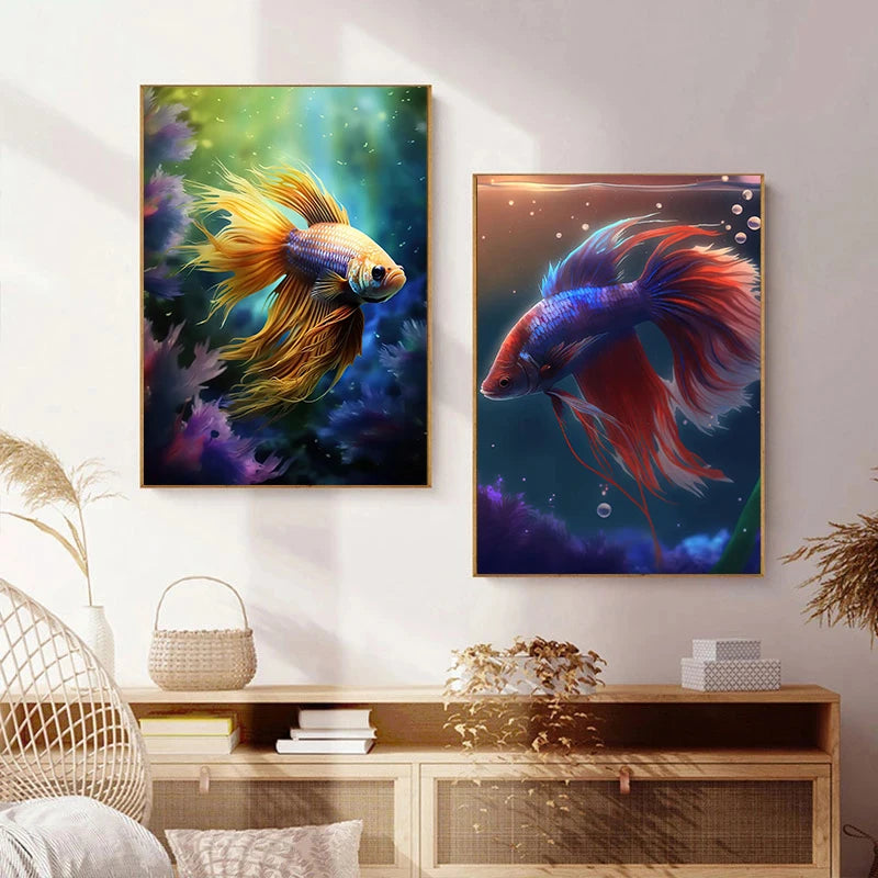Vibrant Bettas Gold Fish Posters Aquarium Colorful Modern Aquascape Prints Canvas Wall Art Pictures Home Living Room Decor
