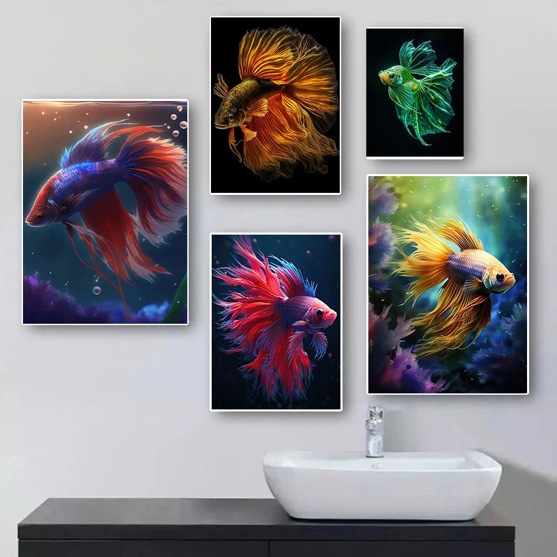 Vibrant Bettas Gold Fish Posters Aquarium Colorful Modern Aquascape Prints Canvas Wall Art Pictures Home Living Room Decor