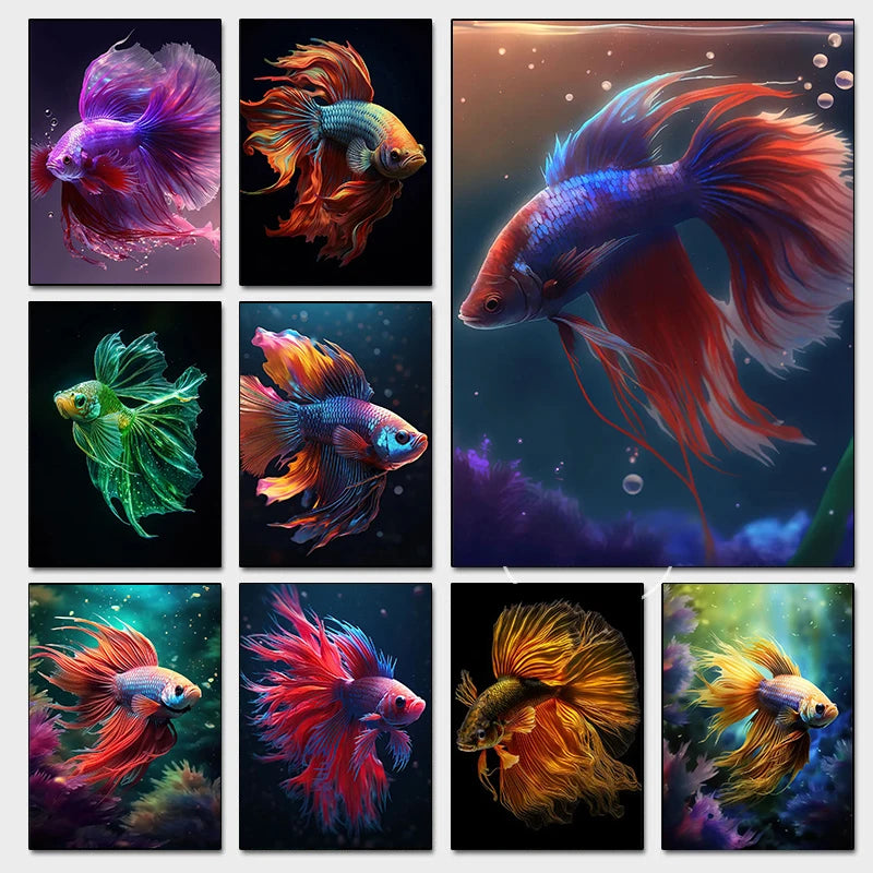 Vibrant Bettas Gold Fish Posters Aquarium Colorful Modern Aquascape Prints Canvas Wall Art Pictures Home Living Room Decor